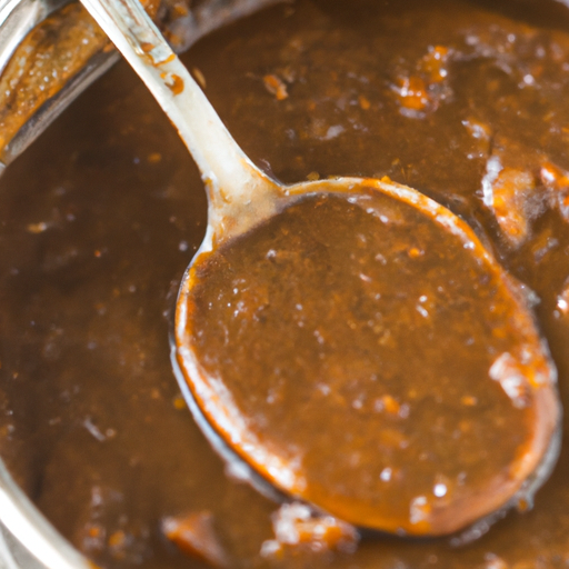 A bowl of savory gravy made from the cooking juices of the Dutch oven pot roast.