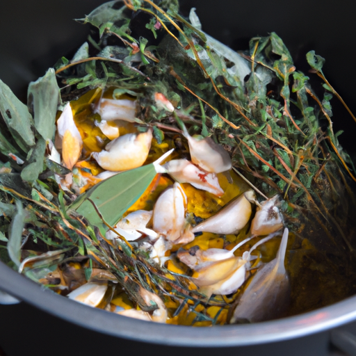 A Dutch oven filled with aromatic garlic cloves, thyme sprigs, and bay leaves, ready to cook the wings to perfection.