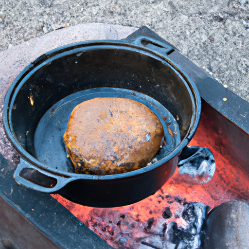 A cast iron Dutch oven placed on a campfire, ready for cooking delicious cheeseburgers.